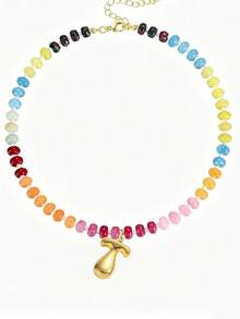 1pc Bohemian Style Colorful Beaded Gemstone Necklace, Bubble Letter Pendant Necklace, Natural Gemstone, Handmade Jewelry Gift - Multicolor - View 14
