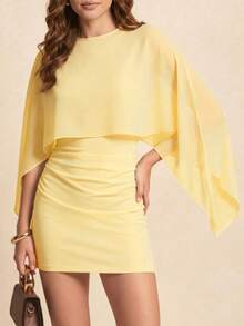 Vestido mini ligero de verano de unicolor con mangas de murciélago y patchwork 2 en 1, adecuado para citas nocturnas, vacaciones, fiestas de cumpleaños y uso diario elegante - Amarillo Mostaza - Ver 2