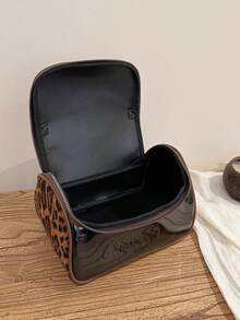 Vintage Leopard Print Patchwork Makeup Bag, Waterproof Transparent Toiletry Bag, Suede Leopard + Leather Patchwork Design, Paired With Transparent PVC Waterproof Wear-Resistant Double Zipper Closure Handbag, Can Store Skincare Products, Cosmetics, Suitable For Daily Storage, Short Trips, Lightweight Portable Storage Bag. - Brown - View 9
