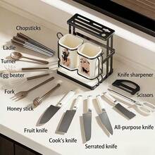 1pc Carbon Steel Kitchen Utensil And Knife Holder, With 2 Utensil Buckets, 2-In-1 Countertop And Wall-Mounted Storage Rack, Detachable Drip Tray, Cute Cat Pattern Design, Durable, Perfect For Storing Knives, Chopsticks, Spoons, Forks, Cooking Tools (Note: Stickers Are In The Product Box And Need To Be Applied By Yourself) - View 4