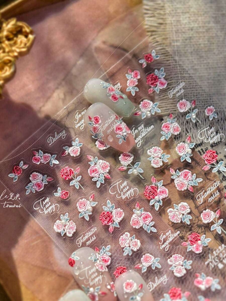 5D 浮雕粉色玫瑰 3D 美甲貼紙,透明迷你紅粉花卉葉片珍珠字母 3D 自黏美甲貼花,美甲師必備美甲藝術用品,優雅 DIY 女性春夏沙龍浪漫美甲禮物,1 件裝 - 玫瑰紅 - 查看 1