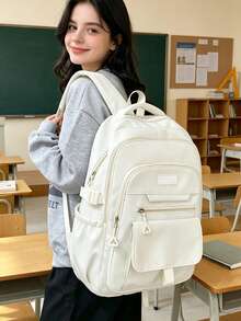 1pc Minimalist Solid Color Backpack, Large Capacity Multi-Compartment School Day Bag And Adjustable Shoulder Strap Casual Backpack, Suitable For Students/Girls/Teens/Young People, Perfect For Back To School, Campus Learning, Outdoor Camping, Short Weekend Trips And Daily Casual Outdoor Use - Multicolor - View 2