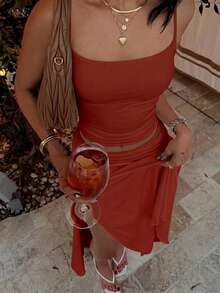 Summer Sexy Camisole 2 Pieces Set, Asymmetrical Slit Skirt Outfit Red Elegant - Red - View 5