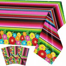 1/3 buah Taplak Meja Plastik Sekali Pakai Motif Garis-garis Tema Pesta Meksiko, Dekorasi Pesta Ulang Tahun Perayaan Cinco de Mayo, Persegi Panjang 137x274cm - MultiWarna - View 7