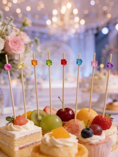 100pcs/10pcs Colorful Creative Square Crystal Disposable Fruit Decoration Labels, Fruit Theme Cake Decor, Cake Decoration Sticks, Suitable For Afternoon Tea Desserts Or Fruit Platters, Wedding Baby Shower, Birthday Cake Party Supplies, Cupcake Decoration, Summer Celebration Theme Party And Cocktail Labels, Suitable For Bar, Restaurant, Theme Party, Dessert, Cake And Fruit Platter Decoration