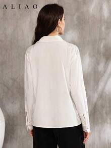 Blusa de manga larga con bordado floral 3D elegante, estilo palaciego, unicolor blanco, para fiesta blanca, temporada de bodas, lujo retro, vuelta al - Blanco - Ver 9