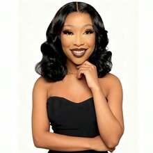 18 Inch Black Middle Part Curly Wig, High Temperature Synthetic High Density Hair, Natural Soft Smooth Styling, Comfortable Fit And Non-Deformable, Suitable For Daily Wear And Music Festival, Voluminous And Full, Universal For All Women, Fashionable And Versatile Clothing Accessory, Elegant Hairstyle - Black - View 2