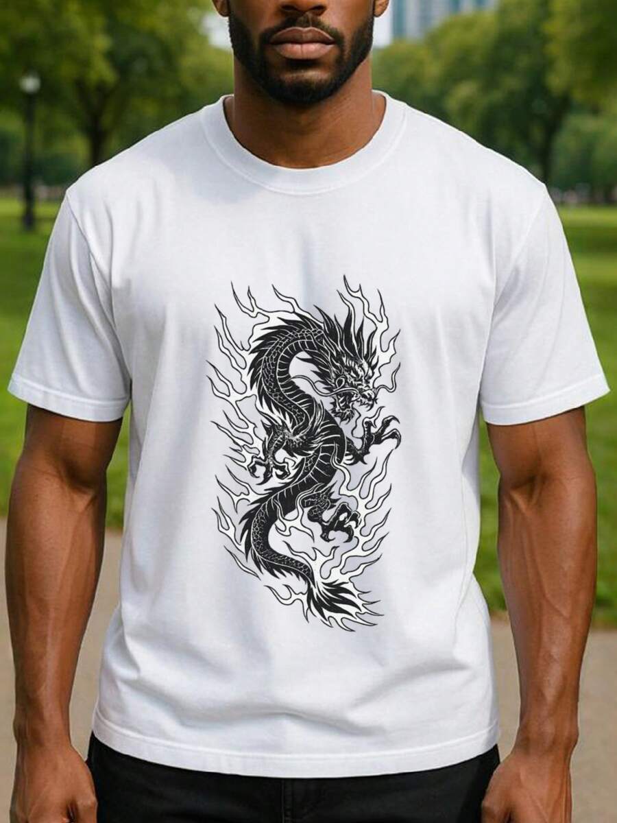 2026 Men's T-Shirts: A Stylish Short-Sleeved T-Shirt With A Lucky Oriental Black Dragon Totem For Men, Designed With A Loose Crew Neck. - 白色 - 查看 1