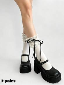 1/2 Paar Damen-Socken im japanischen Stil mit süßem Spitzenbesatz, einfarbige Slouch-Socken mit Schleife, mittelhoch, geeignet für Frühling, Sommer, Herbst, Winter, Dating, Reisen - Weiss - Übersicht 7