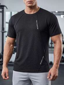 Camiseta deportiva de cuello redondo para hombre, camiseta casual de manga corta para hombre en verano, camiseta de manga corta para entrenamiento de gimnasio y running, adecuada para trabajo al aire libre y ejercicio, top de media manga, ropa deportiva de verano para hombre - Negro - Ver 2
