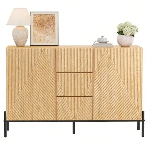 Modern Sideboard With Geometric Structure, Double Doors, Medium Drawer, Large Storage Space, Multifunctional Storage Unit For Living/Dining Room - 自然色 - 查看 1