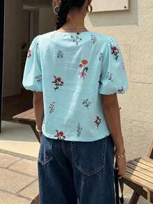 女款休閒時尚夏季法式立領彩色鈕扣短版上衣，多巴胺碎花寬鬆顯瘦Ins風百搭襯衫，夏季可愛碎花短袖襯衫，聚酯纖維，數位印花，輕盈，返校，生日，休閒，女款優雅上衣，度假，假期 - 淺藍色 - 查看 4