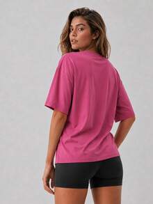 Women's Loose Oversized Dropped Shoulder Purple Solid Color T-Shirt Short Sleeve Round Neck Top Summer Casual Shirt Y2K 2026 Basic Style - Purple - View 7