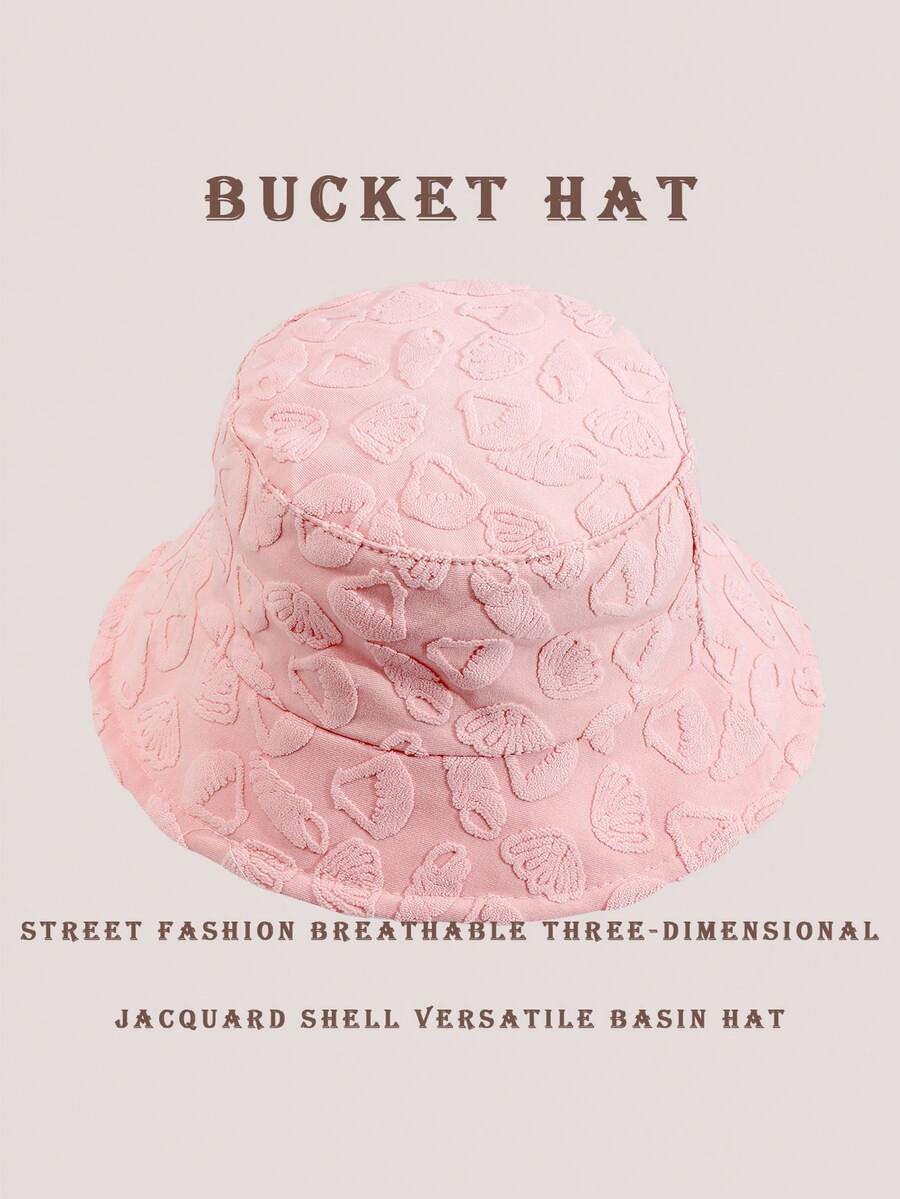 1 pieza Sombrero de cubo de estilo casual de calle con decoración de jacquard de poliéster, patrón geométrico 3D, adecuado para primavera, verano, otoño e invierno - rosa concha marina - Ver 1