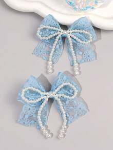 2pcs Blue Lace Bow Flower Hair Clips With Pearls, Alligator Clips, Elegant Fashion Hair Accessories For Girls, Teens, Party, Vacation, Gift - Blue - View 5