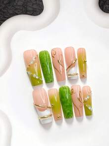 10pcs Exquisite Elegant Handmade Press-On Nails, Polygel Nail Set, Blue Bubble Bead Decor, Hand-Painted Gold Glitter Accents, Green Nail Polish, Fresh Style, Includes Nail Tools, 3 Sizes Available, Almond, Duck, Coffin Shape, Suitable For Party, Dancing, Daily Wear - 彩色 - 查看 19