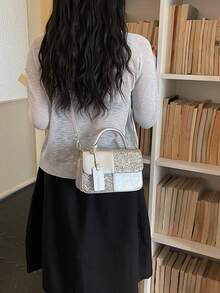 Women's Square Handbag, Dual-Color Plaid Patchwork Design, Fashionable Elegant Minimalist, Crossbody Shoulder Bag, Silver - Silver - View 5