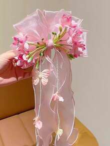 1個仙女風歐根紗蝴蝶結髮夾，附花朵與流蘇緞帶，長波浪流蘇髮飾，優雅新娘與舞會髮飾，適合女孩 - 彩色 - 查看 5