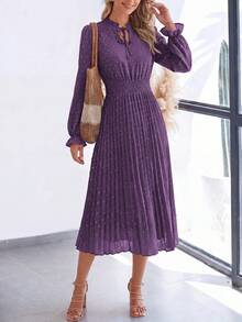 PRETTYGARDEN Women's Spring Fall Midi Dress Casual Long Sleeve V Neck Swiss Dot Pleated A Line Flowy Dresses New Years Party Valentine Vacation Dresses For Women - 深紫 - 查看 3
