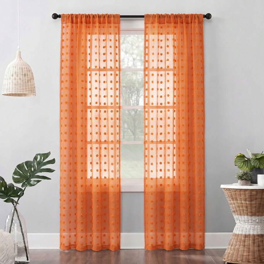 1pc White Cute Pom Pom Semi-Sheer Curtain, Rod Pocket Style, 3D Pom Pom Embroidery Design, Light-Filtering Non-See-Through Curtain, Soft Washable Polyester Material, Suitable For Bedroom, Living Room, Kitchen, Office And Dorm Home Decor - Orange - View 1