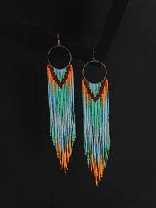 1 Pair Handmade Beaded Earrings, Bohemian Style Brown Blue Orange Gradient Beaded Tassel Earrings, Round Hoop Earrings, Shoulder-Length, Personalized Fashion Accessory, Suitable For Daily Wear, Vacation, Party, Mori Style Handmade Earrings, Elegant - Black and Blue Tassel Style - View 5
