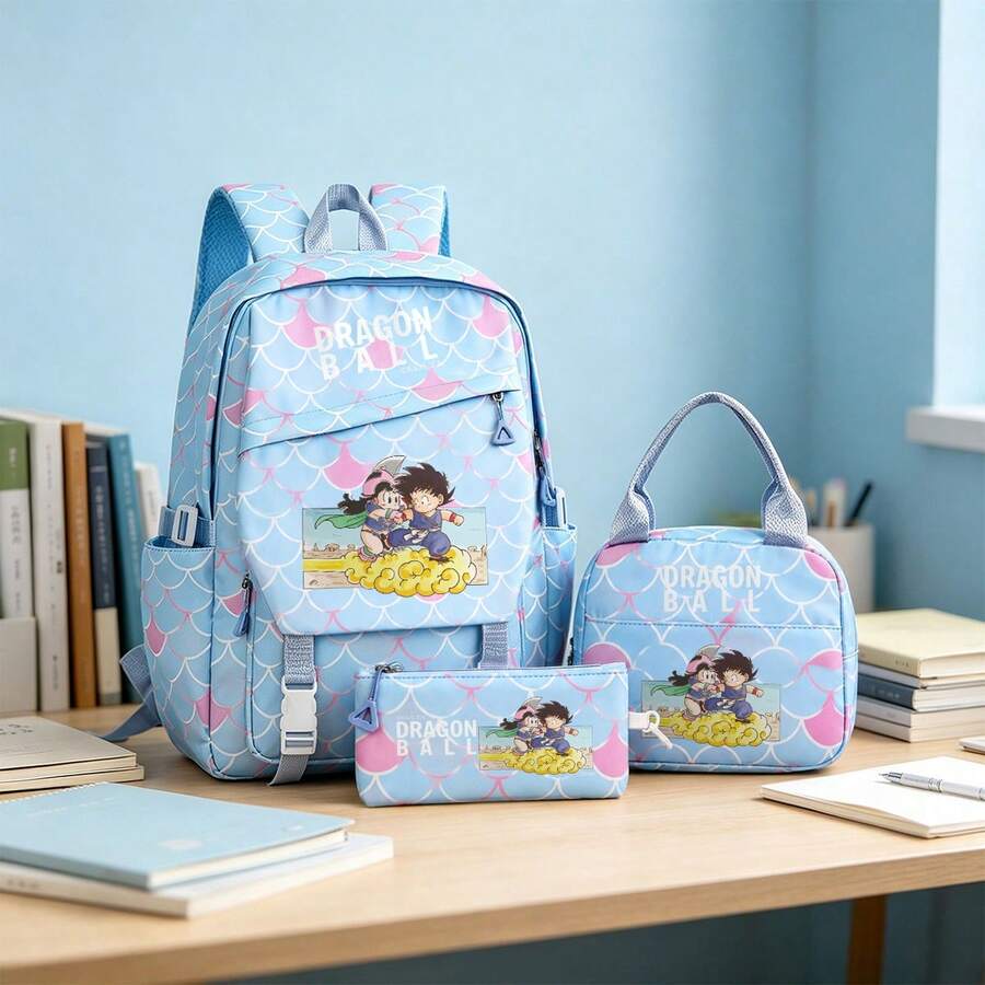 Miniso 龍珠悟空與琪琪 3件組帆布後背包套裝，飛雲印花可愛動漫學生包組合 - 藍色 - 查看 1