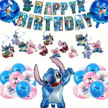 Bộ 48 món trang trí tiệc chủ đề Stitch mới, dây treo kéo rút và cờ treo trang trí - Nhiều màu - Xem 9