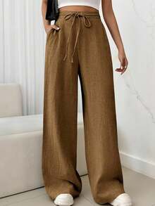 Women's Linen Palazzo Pants, Adjustable Waist With Drawstring, Side Pockets, Casual And Breathable For Vacations - 卡其色 - 查看 1