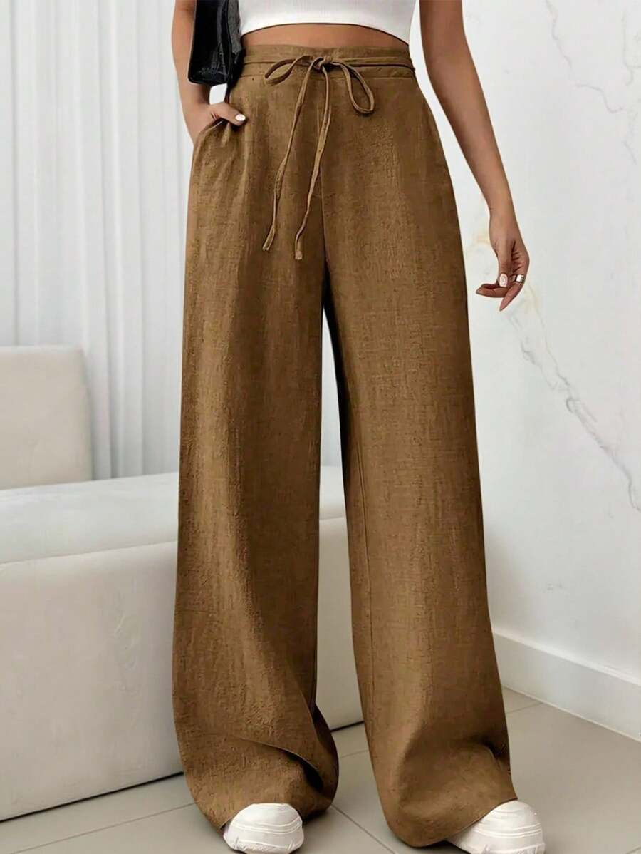 Women's Linen Palazzo Pants, Adjustable Waist With Drawstring, Side Pockets, Casual And Breathable For Vacations - 卡其色 - 查看 1