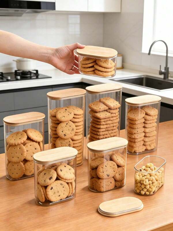 Bamboo Lid Airtight Food Storage Jar, Transparent PET Plastic Wide Mouth Airtight Container, Kitchen Pantry Storage Organizer, Suitable For Nuts, Coffee, Candy, Grains, Snacks, Etc.