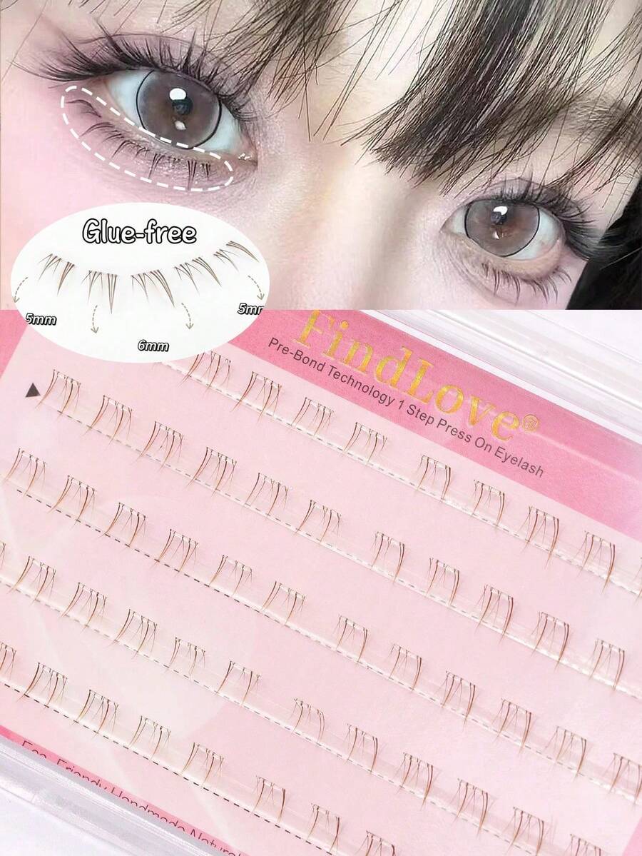 FindLove 60 Clusters Brown Lower Eyelashes With Glue Pre-Glued Lower Eyelash Patches Natural Reusable Single Cluster J-Shape Segmented Self-Adhesive False Eyelashes Ultra-Light Lower Eyelashes Japanese And Korean Makeup Tools Easy To Apply - J - View 1