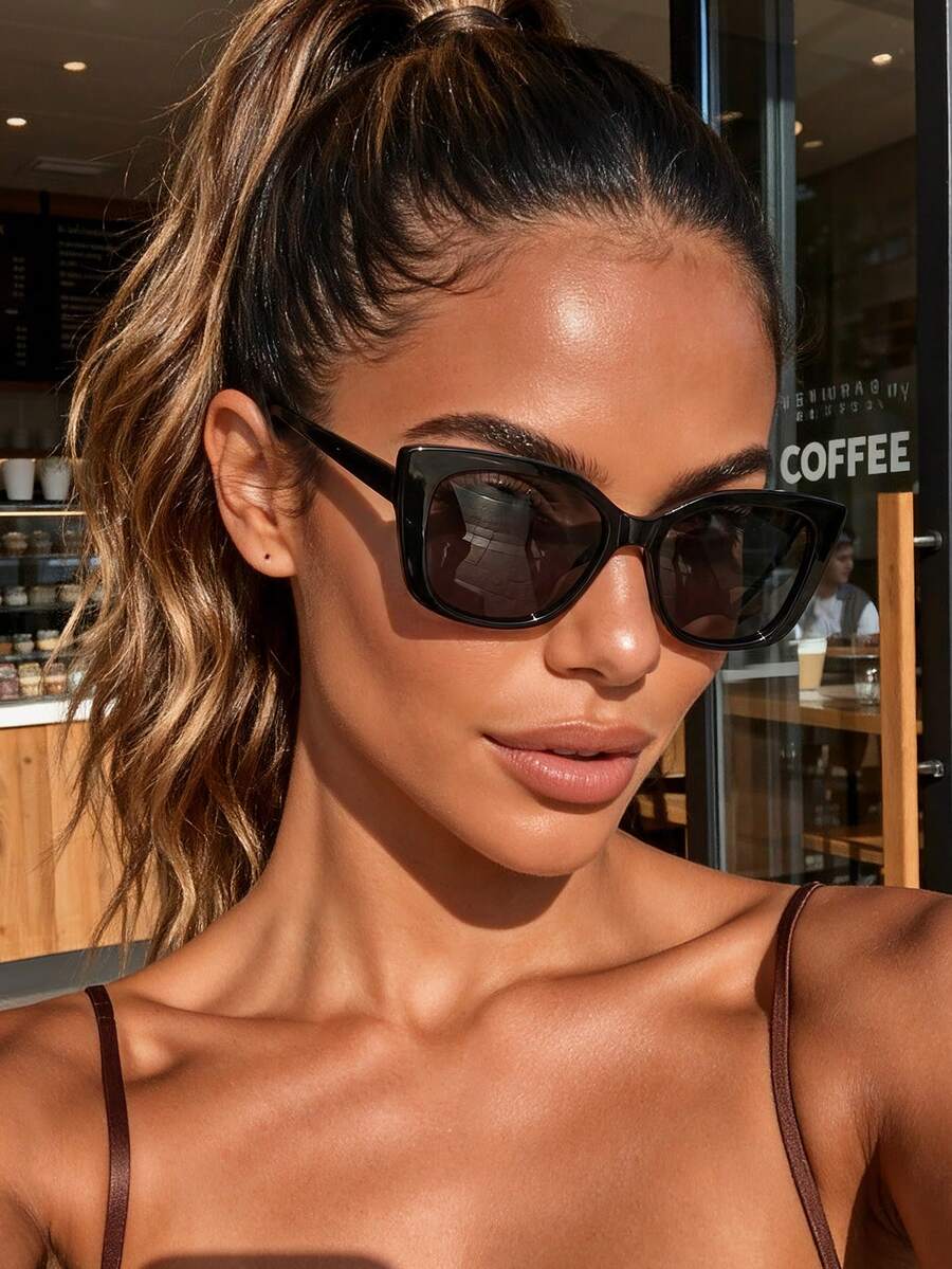 1 Pair Fashion Y2K Round Frame Cute Retro Sports Fashion Glasses, Suitable For Women's Daily Wear, Beach Accessory - Black - View 1
