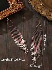 1 Pair Handmade Beaded Earrings, Bohemian Style Pink & White Gradient Oval Hoop Beaded Tassel Earrings, Unique Elegant Fashion Accessory, Shoulder-Length Vintage Long Dangle Earrings, Vacation Personalized Jewelry, Suitable For Holiday Party & Daily Wear - Tassel - View 2