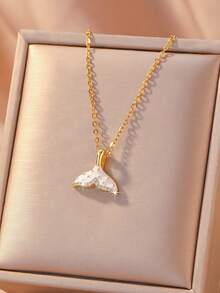 1pc Exquisite Classic Faux Pearl Shell, Starfish, Double Fish Stainless Steel Women's Necklace, Fashion Minimalist Clavicle Chain, Pendant Inlaid, Perfect Gift, Marine Life Necklace, Sparkling Beach Accessory, Ocean Theme Series - Gold - View 2
