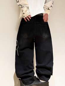 Hearty Haven 1件美式街頭風刺繡男士寬鬆寬腿牛仔長褲，舒適四季百搭，不含腰帶與配件 - 黑色 - 查看 5
