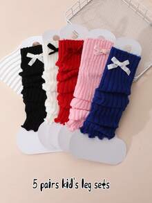 5 Pairs Girls Lace Trim Hand-Knotted Vertical Stripe Spring/Autumn Leg Warmers, Knitted Slouchy Leg Covers - Multicolor - View 2