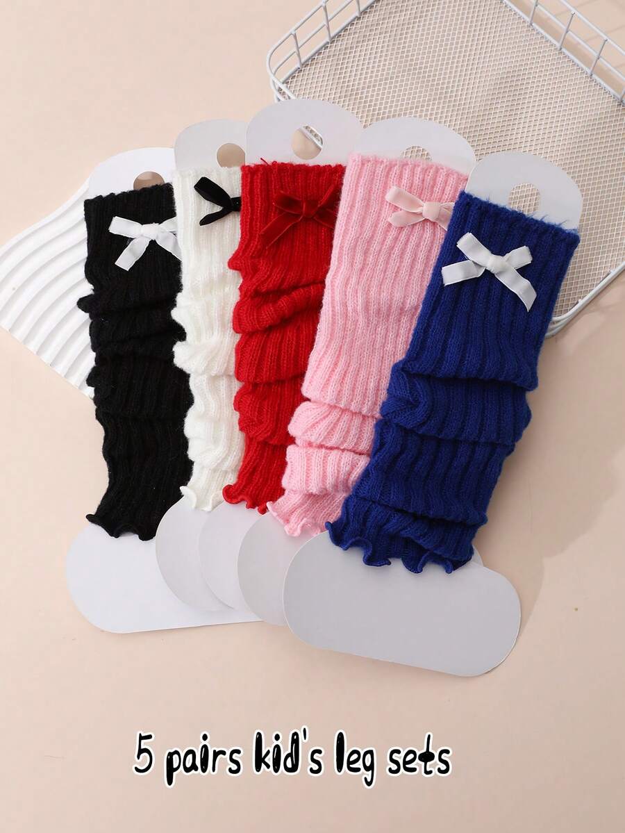 5 Pairs Girls Lace Trim Hand-Knotted Vertical Stripe Spring/Autumn Leg Warmers, Knitted Slouchy Leg Covers