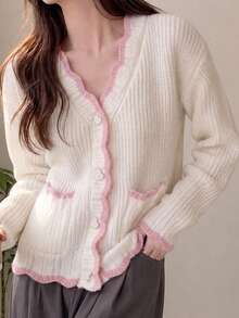 JIANHU Contrast Trim Drop Shoulder Cardigan White - White - View 11
