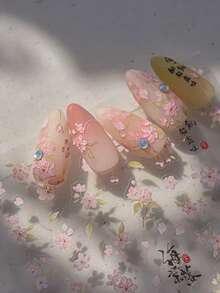 東方淡粉色海棠花 3D 壓紋透明花葉日式書法自黏式美甲貼紙，溫柔秋/夏美甲裝飾，女性禮物，專業沙龍 DIY 美甲用品，美甲沙龍配件，1 片 - 淺粉色 - 查看 7