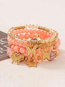 4 piezas/Set Pulsera de cuerda elástica con cuentas y colgante de mariposa de aleación estilo bohemio multicapa Temporada de regreso a la escuela - Multicolor - Ver 11