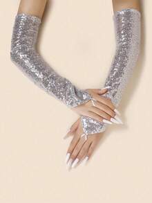 1 Pair Women's Summer New Fashion Stage Performance Sequin Reflective Long Fingerless Hooked Gloves Costume Performance Gloves - Multicolor - View 11