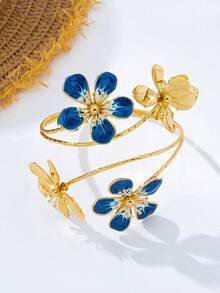 1 pieza Brazalete de puño abierto con flor de esmalte goteante exagerado vintage elegante para mujer, adecuado para playa, vacaciones, fiesta, banquete y uso diario - Azul - View 5