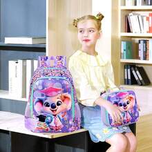 3Pcs Kids Cute Graduation Koala Print School Bag Combo, With Insulated Lunch Box, Pencil Pouch & Pom Pom For Girls Elementary - Purple - View 6