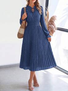 PRETTYGARDEN Women's Spring Fall Midi Dress Casual Long Sleeve V Neck Swiss Dot Pleated A Line Flowy Dresses New Years Party Valentine Vacation Dresses For Women - 灰藍色 - 查看 1