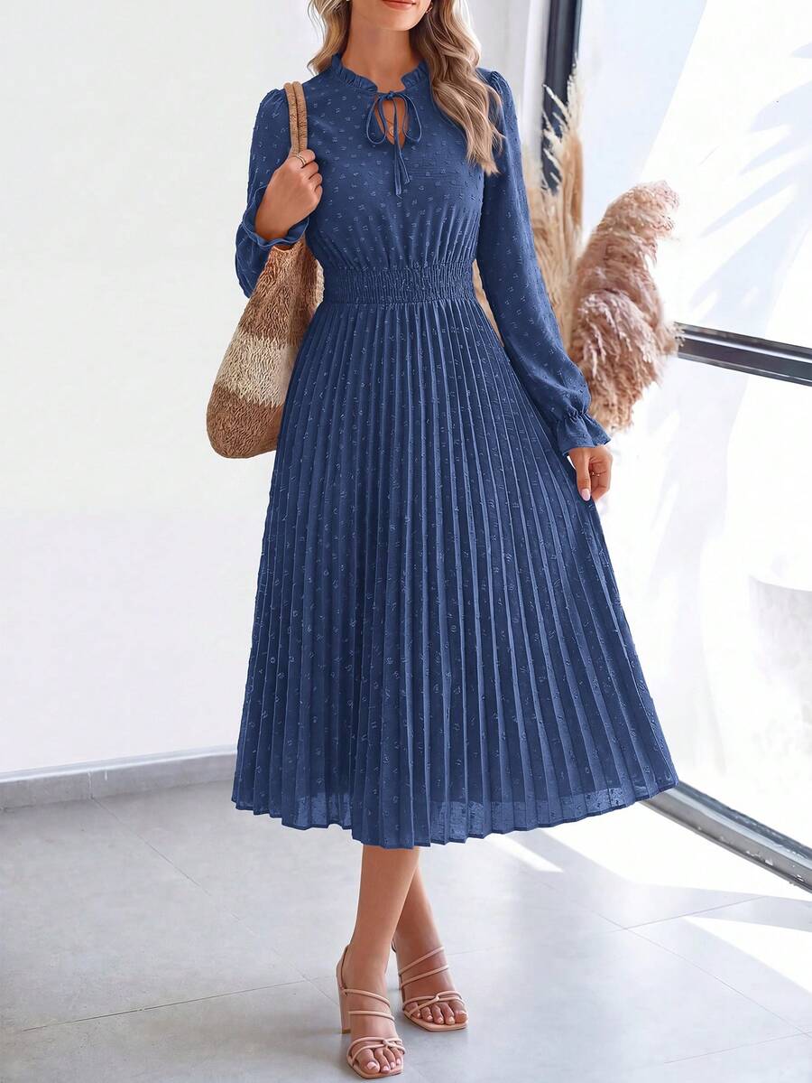 PRETTYGARDEN Women's Spring Fall Midi Dress Casual Long Sleeve V Neck Swiss Dot Pleated A Line Flowy Dresses New Years Party Valentine Vacation Dresses For Women - 灰藍色 - 查看 1