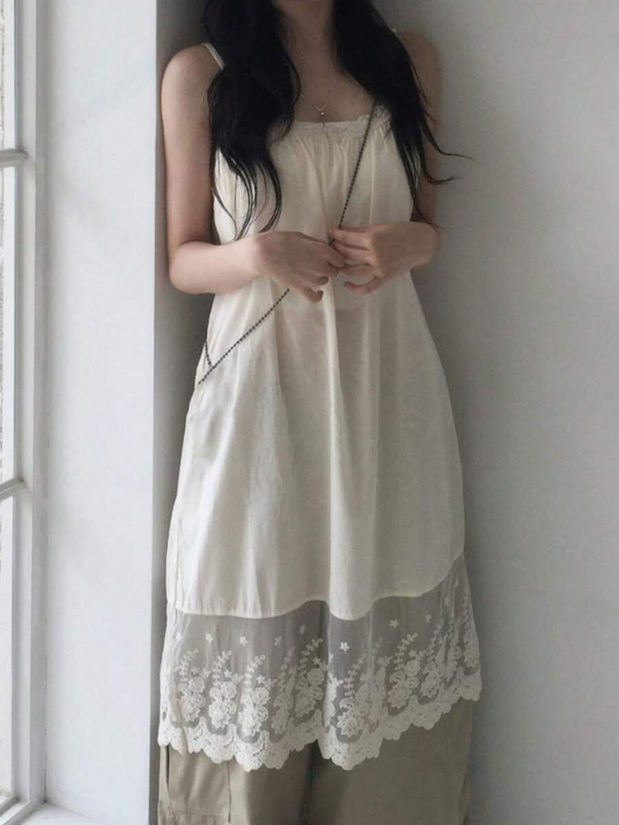Gaun Maxi Kasual Pesta Lipit Renda Wanita Elegan untuk Musim Panas - Aprikot - View 1