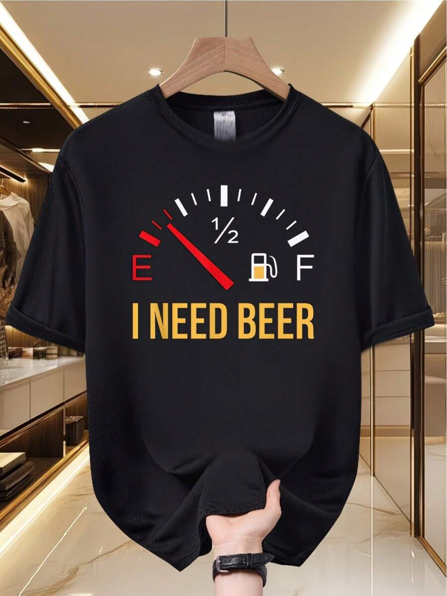 Camiseta Divertida para Hombre con Estampado de Cerveza "Necesito Cerveza" - Suave y Transpirable, 100% Poliéster, Cuello Redondo, Manga Corta, Adecuada para Atuendos Casuales, Fiestas y Uso - Negro - Ver 1