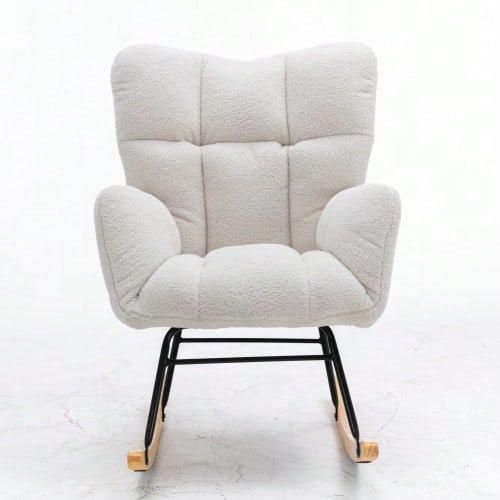 009 Mid Century Modern Rocking Chair In Teddy Fabric With Tufted Cover, Padded Seat For Living Room And Bedroom - 白色 - 查看 1