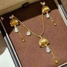 Court Style 18K Gold Plated Brushed Lily Of The Valley Water Drop Zirconia Tassel Earrings And Pendant Necklace Women's Jewelry Set - Gold - View 1