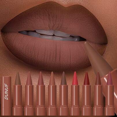 DUNUF 9pcs Creamy Matte Lip Liner Pencil Set, Long-Lasting Waterproof & Smudge-Proof, High Pigment Nude Brown Red Shades, Smooth Silky Texture Lip Contour Crayon, Not Easy To Fade, Define Lips For Fuller Pout, Daily & Party Makeup Cosmetic For Women